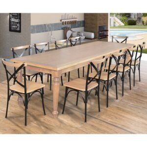 Conjunto Jantar Mesa Leonora Madeira Maciça 294x100 com 10 Cadeirass Paris Base Alumínio - Natural