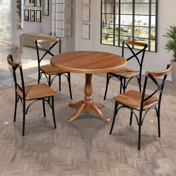 Conjunto Jantar Mesa Madeira Maciça Redonda 1m Madalena Rústica com 4 Cadeirass Paris Base Alumínio Castanho