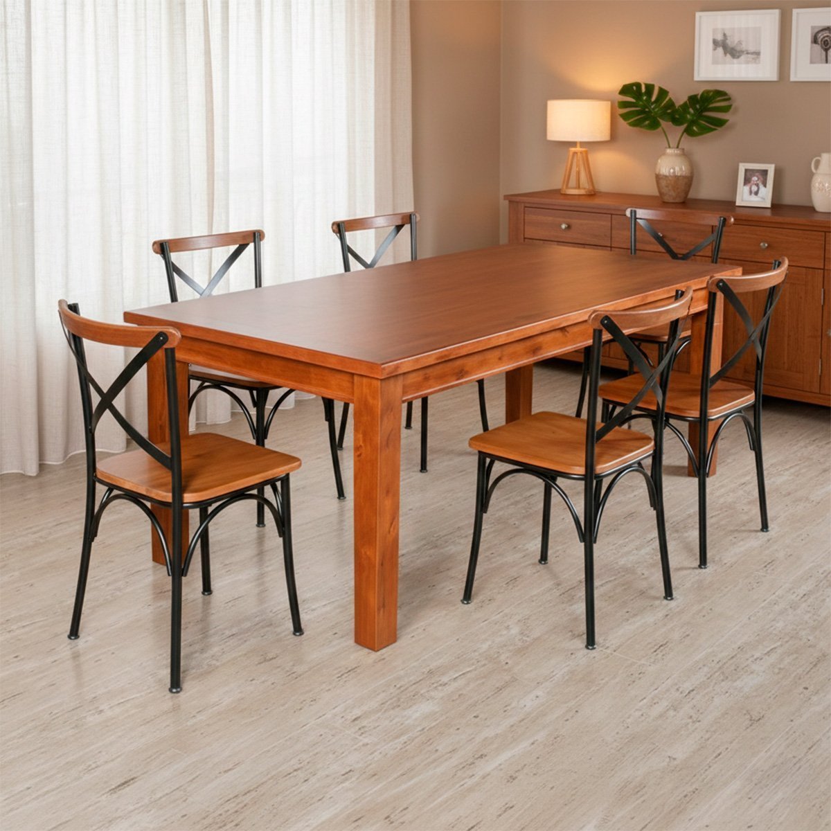Conjunto Jantar Mesa Aurora Retangular Madeira Maciça 180x80 com 6 Cadeirass Paris Base Alumínio