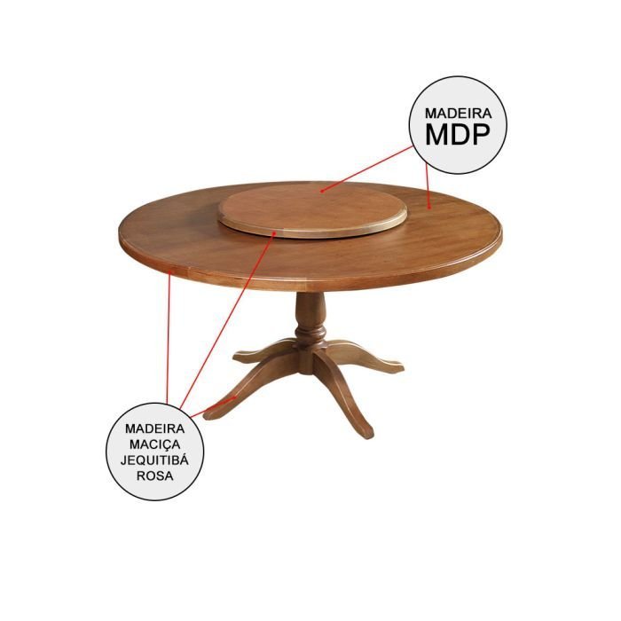 Mesa de Jantar Redonda 1,60m com Prato Giratório Madeira Maciça Amélia - Image 3